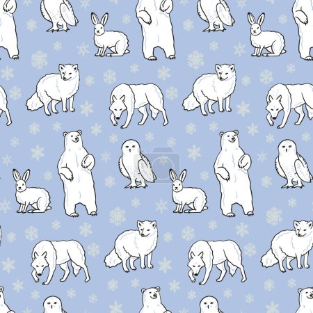 Illustration for Flat arctic animals and birds seamless pattern with snowflakes. Contrast contour doodle objects on blue background. Trendy print design for textile, wallpaper, wrapping, background - Royalty Free Image