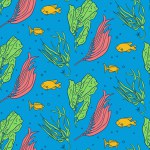 Flat seamless pattern with outline kelp and fish. Flat hand drawn plant and fish on blue background. Sea or underwater life concept. Trendy print design for textile, wallpaper, wrapping