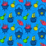 Flat bold witch items with potion. Seamless pattern. Isolated bottles, cauldron with potion on blue background. Good for decoration on Halloween. Unique print design for textile, wallpaper, wrapping