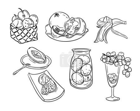 Hand drawn doodle contour set of juicy fruits. Vector black outline sketchy drawings of groups of fruits on white background. Ideal for coloring pages, tattoo, pattern