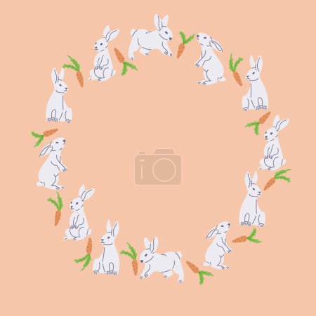 Easter flat wreath with Easter bunny and carrots. Spring holiday concept. Sketchy hand drawn elements on orange background. Ideal for as template for greetings, banner and background