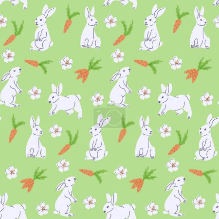 Frühlingsmuster mit weißen Hasen und Karotten. Flach von Hand gezeichneter weißer Hase auf grünem Hintergrund. Einzigartiges Retro-Print-Design für Textilien, Tapeten, Innenausstattung, Verpackung