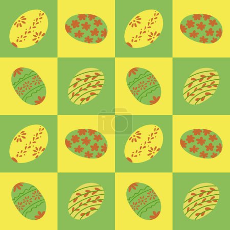 Ostermuster mit Quadraten und Ostereiern. Flach von Hand gezeichnete verzierte Eier in kontrastierenden Quadraten. Einzigartiges Retro-Print-Design für Textilien, Tapeten, Innenausstattung, Verpackung