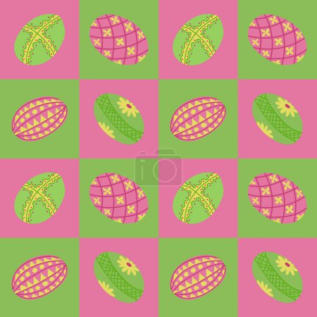 Easter contrast geometric pattern with easter eggs. Flat hand drawn decorated eggs in contrast squares. Unique retro print design for textile, wallpaper, interior, wrapping