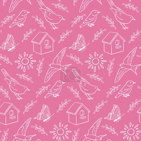 Frühling nahtloses Muster mit umrissenen Vögeln. Weiße Doodle Frühlingssonne, Schmetterling, Zweige und erste Vögel auf rosa Farbe. Frühlingsurlaubsdesign für Dekoration, Verpackung, Banner