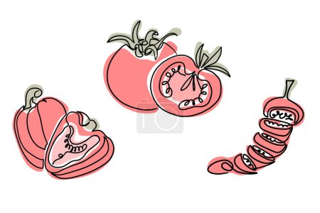 Illustration for Vintage one line drawing of red veggies in boho style. Botanical outline retro drawing. Contour line outline composition isolated on white background - Royalty Free Image