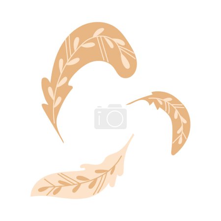 Vector Folk flat fantasy feathers in muted colors. isolated on white background. Animalistic illustration in boho style. Ideal for decor, printout, decoration
