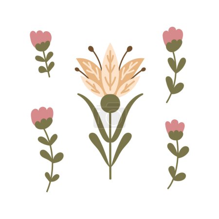 Folk abstract floral set in flat style and muted colors. Hand drawn vector illustrations isolated on white background. Botanical composition in boho style. Ideal for decor, printout, decoration