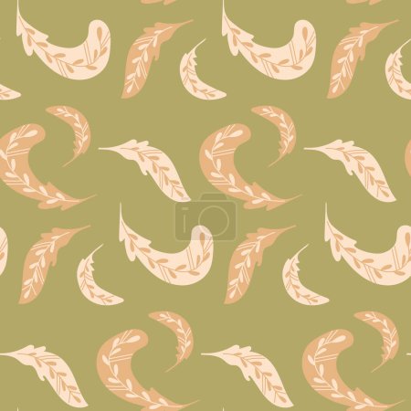Nahtloses Muster mit flachen abstrakten Federn in gedeckten Farben. Animalistische Illustration im Retro-Boho-Stil. Vintage Nature Print Design für Textilien oder Tapeten.