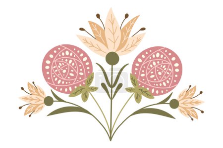 Folk-Symmetrie florale Komposition mit abstrakten Blumen. Vector handgezeichnete Illustration in gedeckten Farben auf weißem Hintergrund. Ideal für Wohnkultur oder Ausdruck