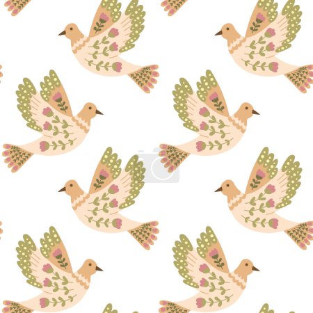 Fantasy seamless pattern with bird in folk floral style. Vector hand drawn abstract flower on wings. Animalistic illustration in retro boho style. Vintage nature print design for textile or wallpaper
