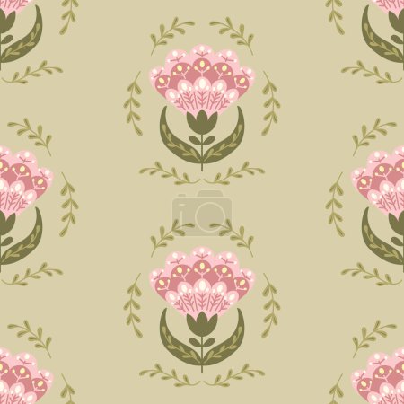 Floral seamless pattern with abstract flower in flat folk style. Botanical pattern in boho style. Hand drawn vector illustration in pastel colors on green background. Print design for textile