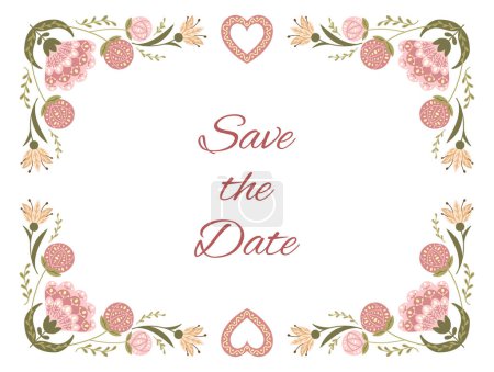Florale Hochzeitseinladung im flachen Volksstil in gedeckten Farben. Botanische Illustration für Hochzeit oder Verlobung horizontale Vorlage isoliert auf weißem Hintergrund