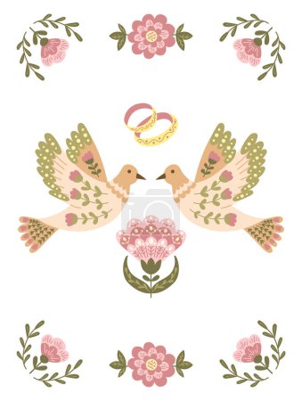 Invitation de mariage dans un style folklorique floral plat avec des oiseaux et des anneaux aux couleurs tamisées. Illustration botanique pour mariage ou fiançailles modèle vertical isolé sur fond blanc