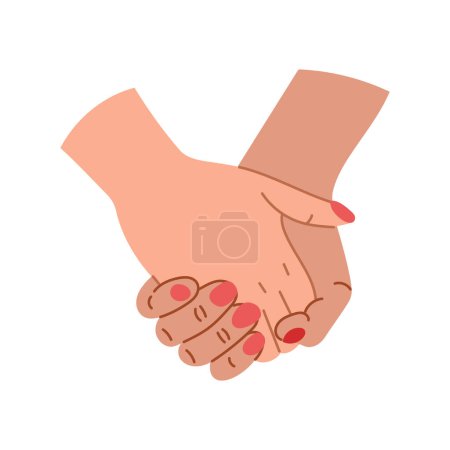 Two hands holding together in love and support. Care, partnership and connection concept. Palms touching each other. Vector flay hand drawn illustration on white background