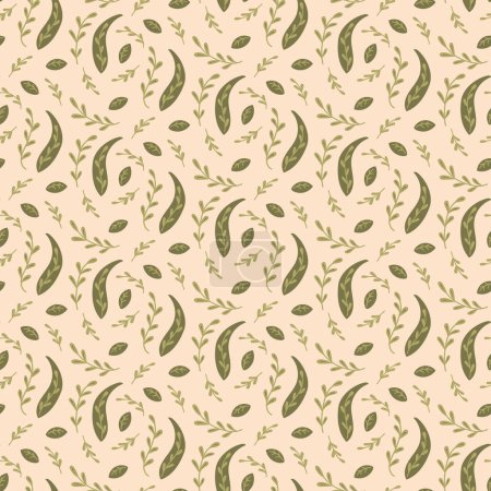 Nahtloses Muster mit flachen abstrakten Blättern und Zweigen in gedeckten Farben. Botanische Illustration im Retro-Boho-Stil. Vintage Nature Print Design für Textilien oder Tapeten.