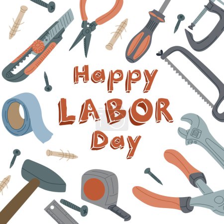 Happy Labor day greeting card. Flat vector illustration with tools for repairing or plumbing isolated on white background. Physical work concept