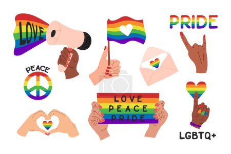 LGBTQ Element Set mit Herzen, Händen und Flagge. LGBTQ Community Symbole mit Regenbogen. Vektor flache handgezeichnete Elemente für Stolz Monat isoliert auf weißem Hintergrund