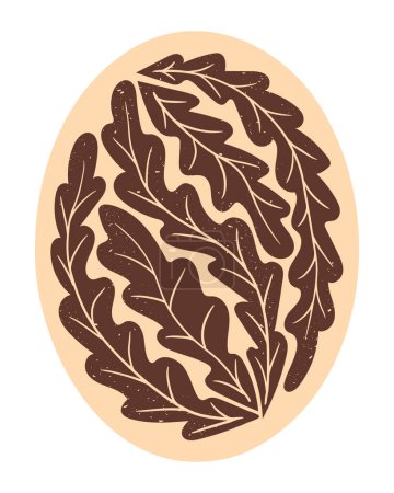 Duotone composición botánica abstracta en forma ovalada aislada sobre fondo blanco. Ilustración plana dibujada a mano con hojas en técnica de grabado con textura grunge y arañazos