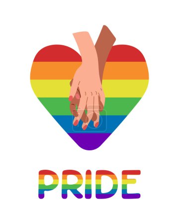 Monatsplakat mit Händen und Regenbogenherz. LGBTQ-Symbole. Vektor flache handgezeichnete Elemente isoliert auf weißem Hintergrund