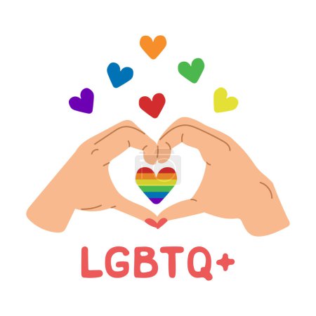 Flaches Poster mit herzförmigen Händen zur Unterstützung der LGBTQ-Community. Pride-Monat-Konzept. Vektor flache handgezeichnete Elemente isoliert auf weißem Hintergrund