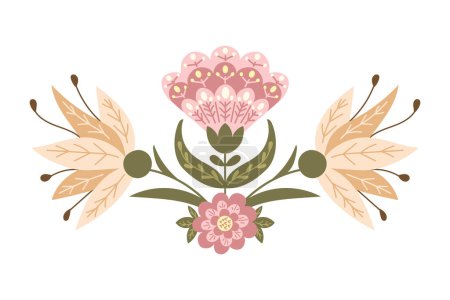 Abstract floral symmetrical composition in folk fantasy style. Vector flat hand drawn illustration in muted colors and boho style isolated on white background. Ideal for home decor or printout
