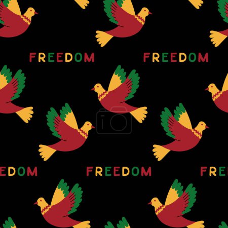 Patrón sin costuras con pájaros y la palabra Libertad en los colores tradicionales africanos. Concepto del Día de la Libertad. Paloma Vector dibujada a mano como símbolo de libertad y paz. Tema oscuro.
