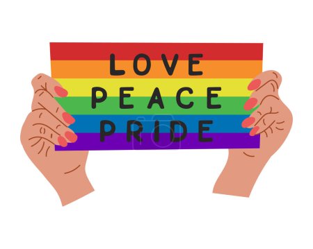 Flaches Poster mit Händen und Plakat in Regenbogenfarben mit dem Text Love, Peace, Pride zur Unterstützung der LGBTQ-Community. Pride-Monat-Konzept. Vektor flache handgezeichnete Elemente isoliert auf weißem Hintergrund