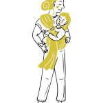 Doodle illustration of mother with toddler in sling walking outdoor. Outline flat sketchy drawing isolated on white background. Vector health care and bringing up concept for logo