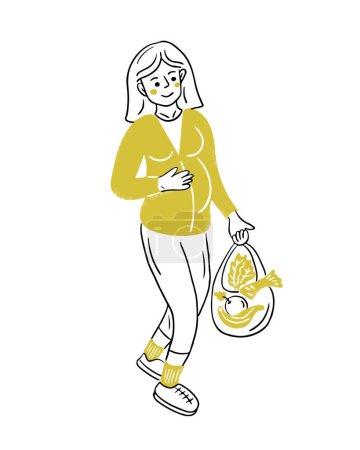 Illustration de caniche de femme heureuse enceinte avec sac à provisions et des aliments sains en elle. Décrivez un dessin croquis plat isolé sur fond blanc. Concept de soins de santé vectoriels pour logo, autocollant
