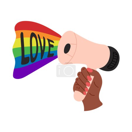 Flat Pride Monatsposter mit Hand und Megafon mit Regenbogenfahne. Unterstützung der LGBTQ-Community. Liebe und Ausnahmebegriff. Vektor flache handgezeichnete Elemente isoliert auf weißem Hintergrund