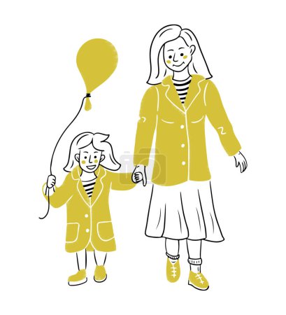 Ilustración de Doodle dibujo de madre que camina a su hija con globo y la misma ropa. Dibujo plano dibujado a mano de contorno aislado sobre fondo blanco. Concepto de salto del vector para el logotipo o la etiqueta engomada - Imagen libre de derechos