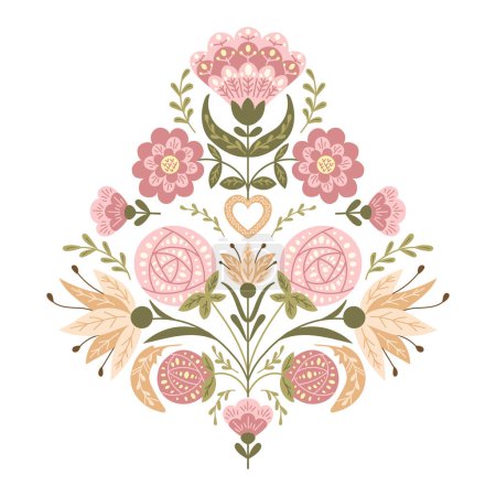 Symmetrische abstrakte florale Komposition im Vintage-Fantasy-Stil. Vektor flache handgezeichnete Illustration im Boho-Folk-Stil und gedeckten Farben isoliert auf weißem Hintergrund