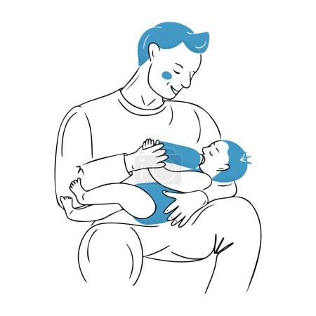 Ilustración de Dibujo de garabato en contraste del padre alimentando al recién nacido con biberón. Ilustración esquemática plana de contorno aislada sobre fondo blanco. Cuidado de la salud vectorial y concepto de crecimiento para el logotipo - Imagen libre de derechos