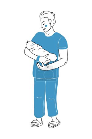 Ilustración de Dibujo esquemático del padre con recién nacido después del nacimiento. Ilustración de doodle plano de contorno aislado sobre fondo blanco. Cuidado de la salud vectorial y concepto de crecimiento para el logotipo - Imagen libre de derechos