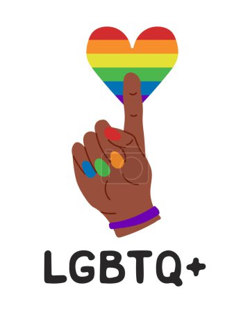 Vektorposter zur Unterstützung der LGBTQIA-Community. Flache schwarze Hand mit farbigen Nägeln und Herz in Regenbogenfarben isoliert auf weißem Hintergrund. Friedliches und gleichberechtigtes Konzept