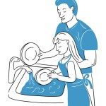 Sketch drawing of father washing dishes with daughter. Vector family and growing up concept for logo. Contour flat doodle illustration in blue and black colors isolated on white background.