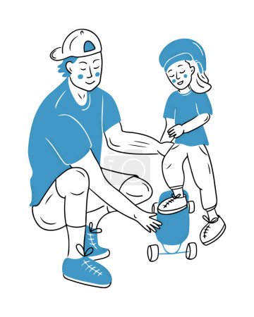Sketch drawing of father and his child training to ride skateboard. Vector family and growing up concept for logo. Contour flat doodles in blue and black colors isolated on white background.