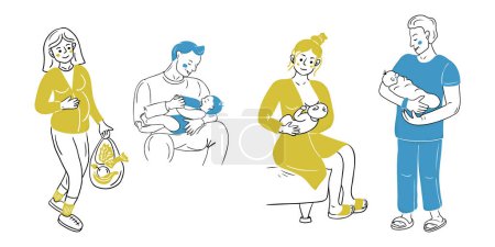 Family doodle set with newborn and it parents. Contour flat doodle illustration isolated on white background. Vector health care and growing up concept for logo