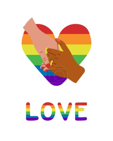 Stolz Monat feiert Poster Unterstützung LGBTQIA Gemeinschaft. Flache handgezeichnete Illustration mit Regenbogenherz und ein paar liebevollen Händen. Text Liebe in Regenbogenfarben. Friedliches und gleichberechtigtes Konzept