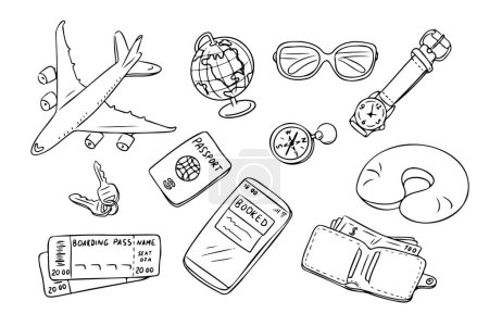 Travel contour doodle set with popular items. Collection of sketchy outline drawings isolate on white background. Monochrome summer vacation outline stickers