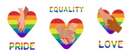 Ein Satz flacher Poster, die die LGBTQIA-Community unterstützen. Text Gleichheit, Stolz und Liebe in Regenbogenfarben. Friedliches und gleichberechtigtes Konzept. Flache handgezeichnete Illustration mit Regenbogenherz und ein paar Händen
