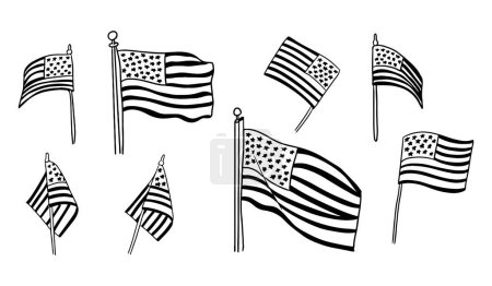 Conjunto de garabatos de contorno de banderas estadounidenses en diferentes posiciones. Colección de esquemas esquemáticos aislados sobre fondo blanco. Monocromo Nacional Patriótico concepto de fiesta americana
