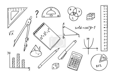 Math items contour doodle collection with stationary and charts. Monochrome educational outline stickers. Clipart of sketchy outline drawings isolated on white background