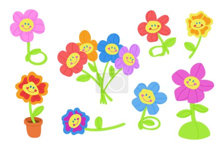 Retro set of 2000s artificial flowers. Vector flat illustration of soft toys in neon colors from 2yk isolated on white background. Perfect for decoration, stickers and logo