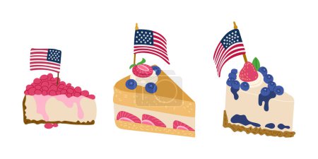 Patriotic Pieces of tasty cakes with blueberries, strawberries and US flag in flat style. Vector flat American national holiday illustrations isolated on white background. Good for stickers and logo