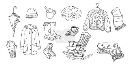 Collection of cozy autumn items in outline doodle style. Monochrome hygge contour stickers . Vector clipart of sketchy drawings isolated on white background. Could be used for coloring pages
