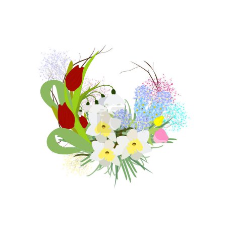 Téléchargez les illustrations : Arranjo floral sobre fundo branco e belas flores de primavera - en licence libre de droit