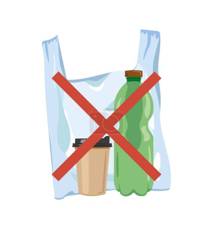 Illustration for Waste that takes long to decompose (a plastic bag, a disposable cup and a plastic bottle) crossed by red cross - Royalty Free Image