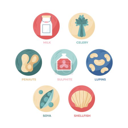 Ilustración de Diseño plano conjunto de etiquetas de alergia alimentaria Ilustración vectorial - Imagen libre de derechos